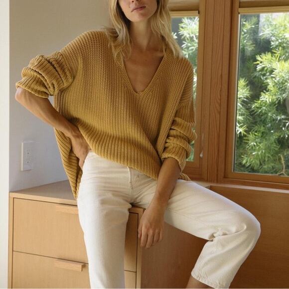 Jenni Kayne Fishermam Organic Cotton Blend Sweater in Mustard Medium EUC - Picture 2 of 6